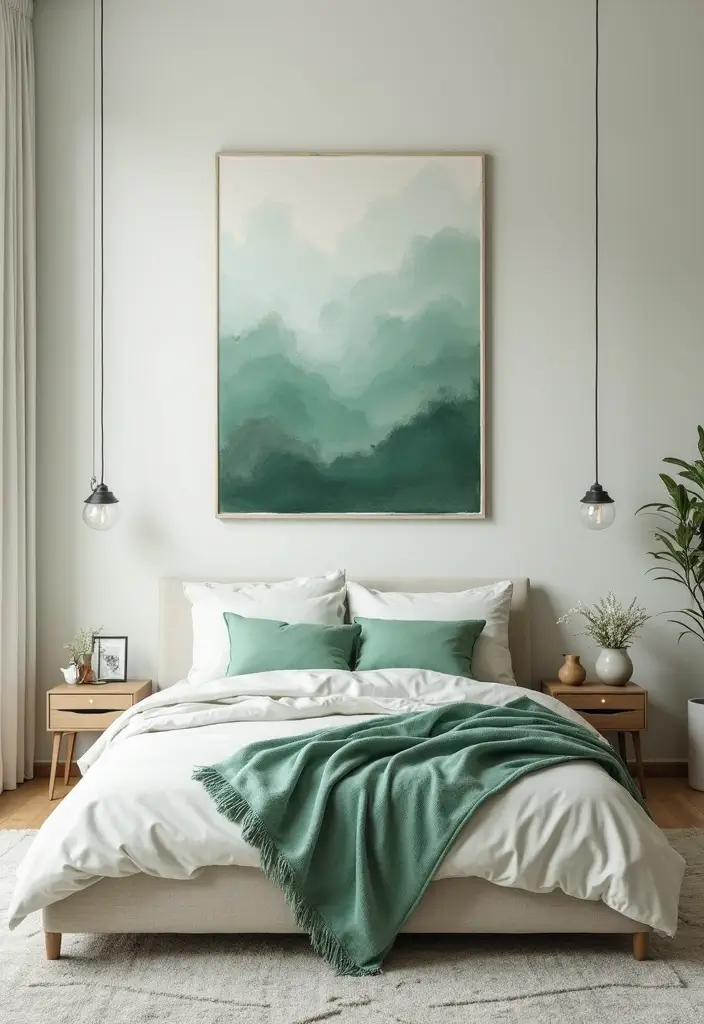 27 Sage Green and White Bedroom Ideas That Feel Fresh and Bright - 26. Sage Green and White Artwork