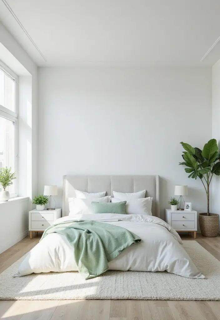 27 Sage Green and White Bedroom Ideas That Feel Fresh and Bright - 3. Minimalist White Furniture with Sage Green Accents