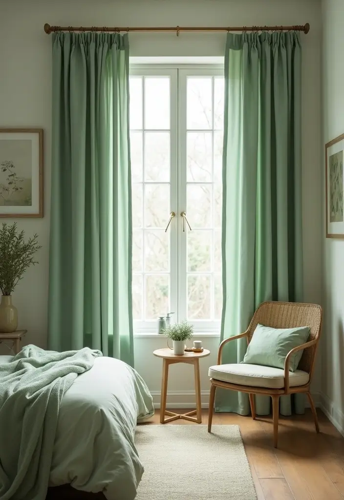 27 Sage Green and White Bedroom Ideas That Feel Fresh and Bright - 5. Sage Green Curtains