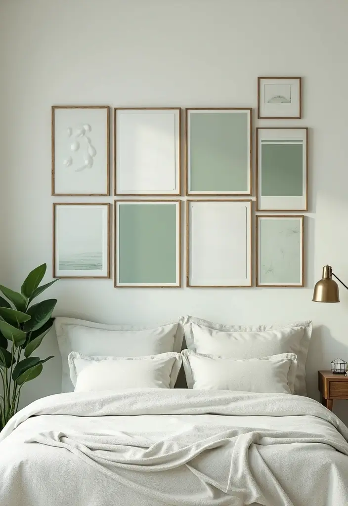 27 Sage Green and White Bedroom Ideas That Feel Fresh and Bright - 6. Gallery Wall of Sage and White Art