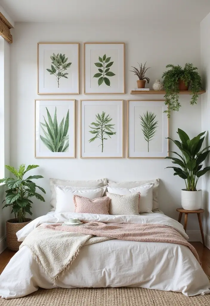 27 Sage Green and White Bedroom Ideas That Feel Fresh and Bright - 7. Botanical Prints and Decor