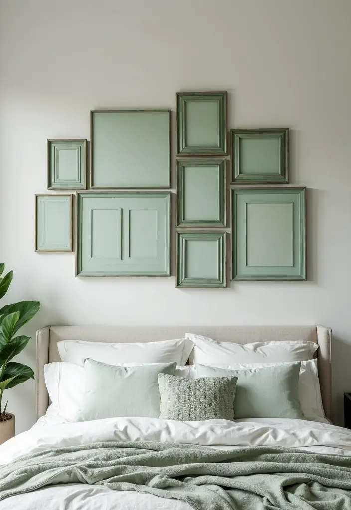 27 Sage Green and White Bedroom Ideas That Feel Fresh and Bright - 8. Layered Wall Art with Sage Green Frames