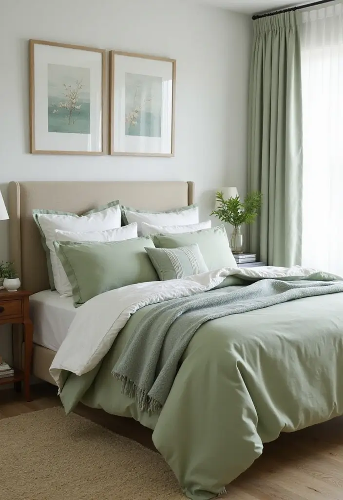27 Sage Green and White Bedroom Ideas That Feel Fresh and Bright - 9. Sage Green and White Bedding Sets