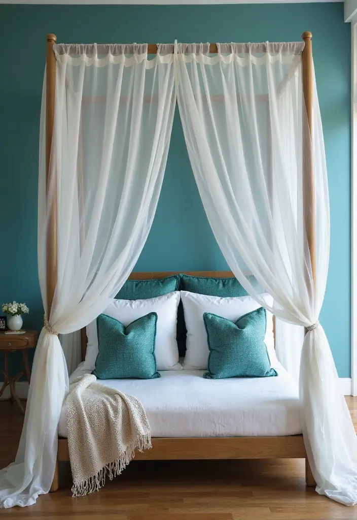 27 Teal and White Bedroom Ideas That Look Crisp and Fresh - 10. Dreamy Canopy Bed