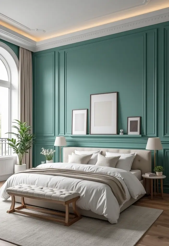 27 Teal and White Bedroom Ideas That Look Crisp and Fresh - 12. Chic Wall Paneling