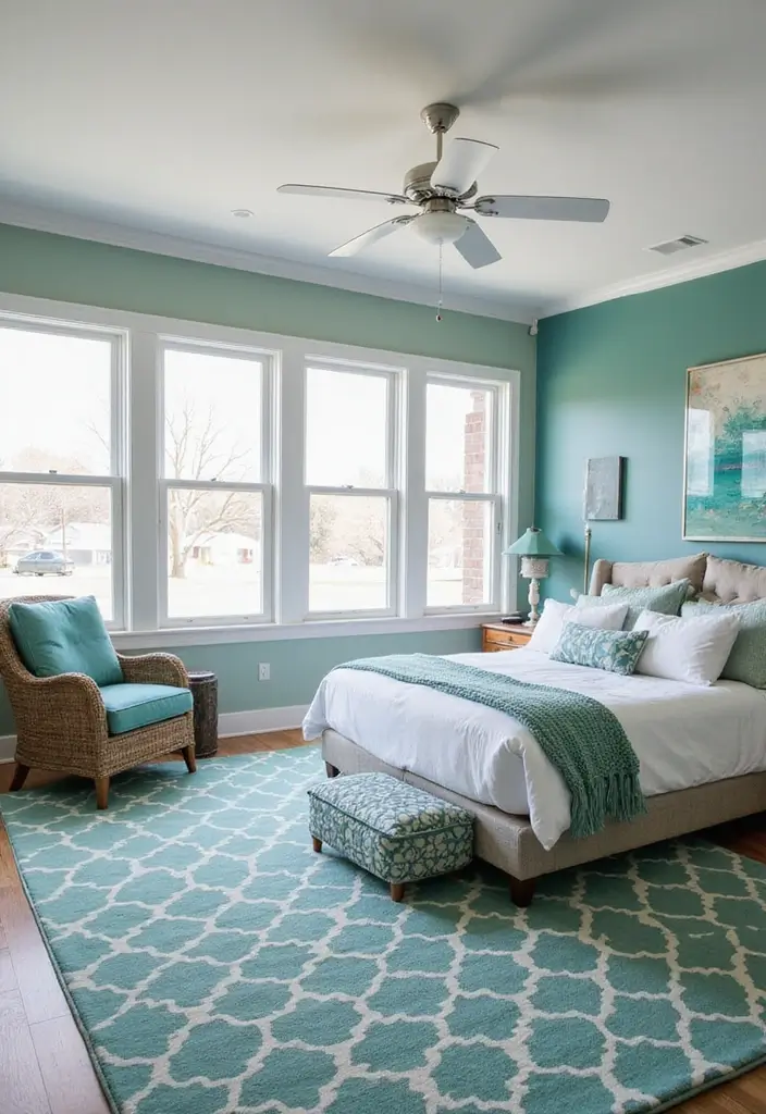 27 Teal and White Bedroom Ideas That Look Crisp and Fresh - 16. Statement Rugs