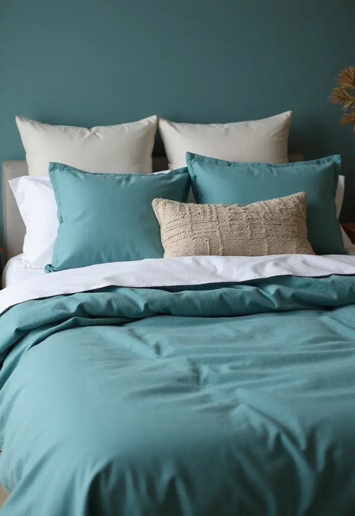 27 Teal and White Bedroom Ideas That Look Crisp and Fresh - 20. Layered Bedding