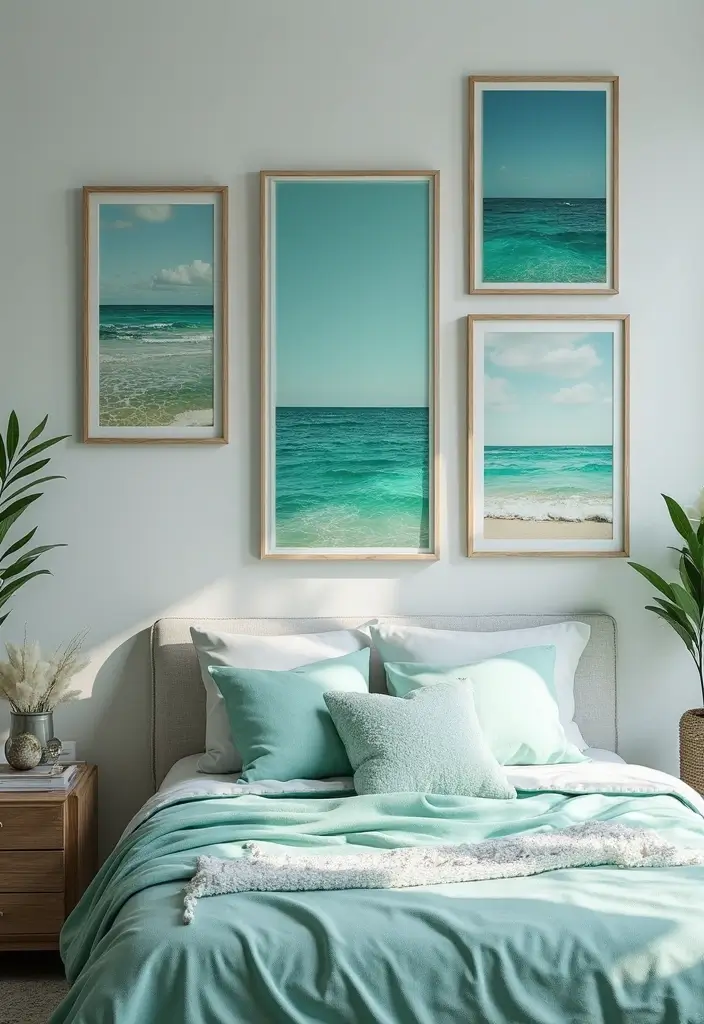 27 Teal and White Bedroom Ideas That Look Crisp and Fresh - 5. Beachy Artwork