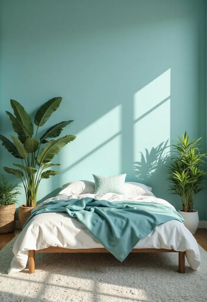 27 Teal and White Bedroom Ideas That Look Crisp and Fresh - 6. Fresh Greenery