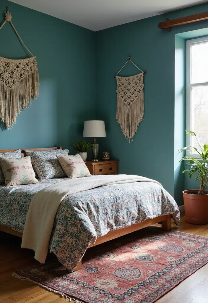 27 Teal and White Bedroom Ideas That Look Crisp and Fresh - 9. Bohemian Flair