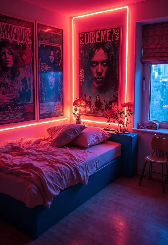 28 Band Posters on Wall Bedroom Ideas That Feel Edgy and Fun - 10. Incorporating Neon Lights