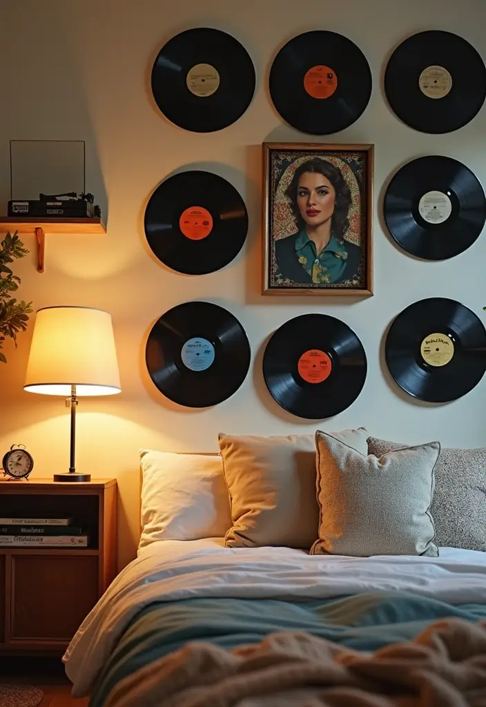 28 Band Posters on Wall Bedroom Ideas That Feel Edgy and Fun - 2. Vintage Vinyl Records Display