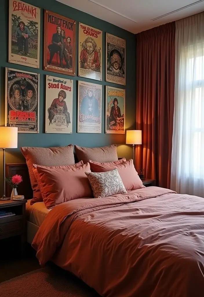 28 Band Posters on Wall Bedroom Ideas That Feel Edgy and Fun - 23. Coordinate with Bed Linens