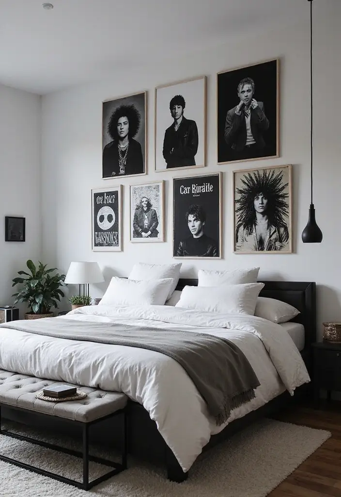 28 Band Posters on Wall Bedroom Ideas That Feel Edgy and Fun - 6. Edgy Black and White Aesthetic