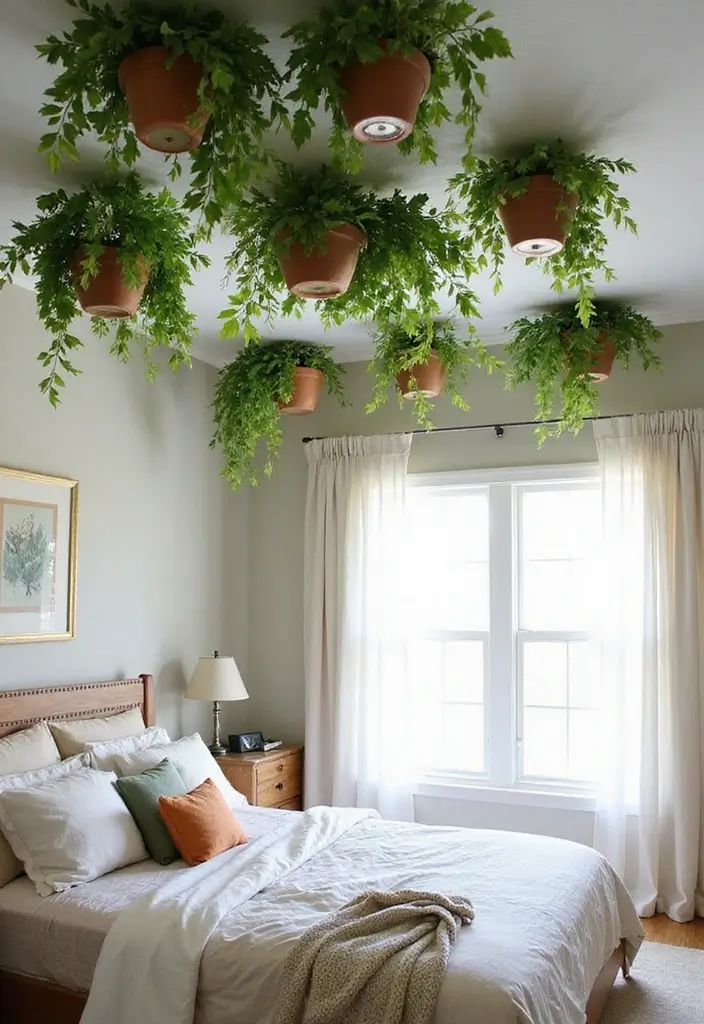 28 Bedroom Pop Design Ceiling Ideas That Look Modern and Artistic - 25. Ceiling-mounted Planters