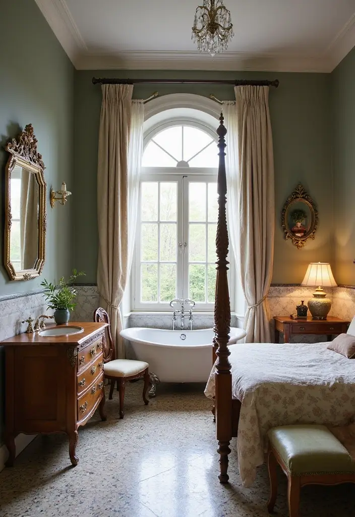 28 Bedroom With Attached Bathroom Layouts That Are Functional and Stylish - 13. Vintage Glam