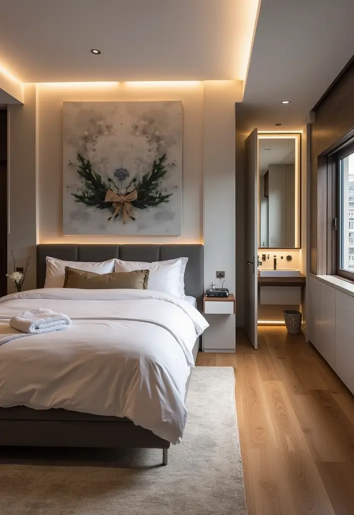 28 Bedroom With Attached Bathroom Layouts That Are Functional and Stylish - 21. Tech-Savvy Retreat