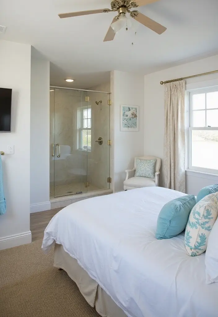 28 Bedroom With Attached Bathroom Layouts That Are Functional and Stylish - 7. Coastal Calm