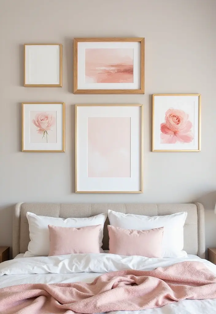 28 Blush Pink and Gold Bedroom Ideas That Look Chic and Feminine - 11. Blush and Gold Wall Art