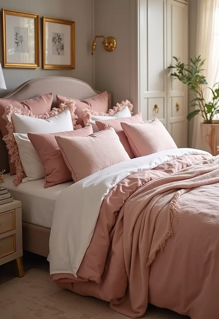 28 Blush Pink and Gold Bedroom Ideas That Look Chic and Feminine - 14. Blush Pink and Gold Bedding