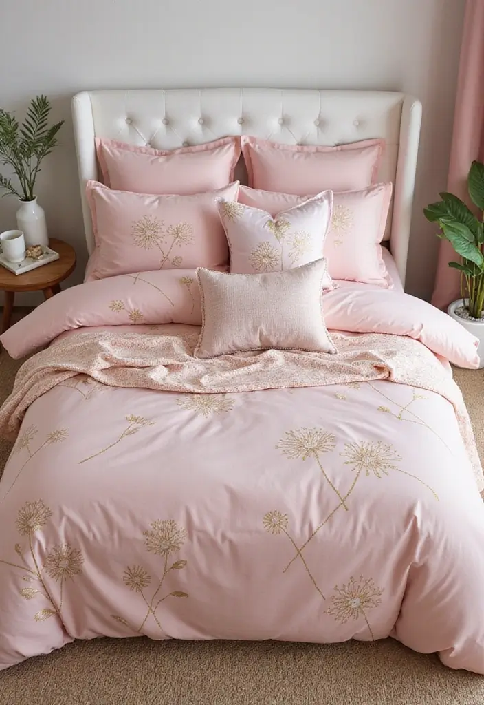 28 Blush Pink and Gold Bedroom Ideas That Look Chic and Feminine - 16. Blush Pink Bedding with Gold Patterns