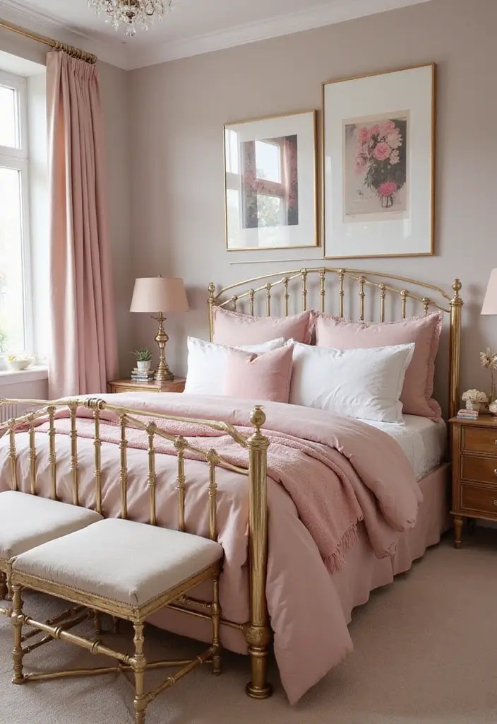 28 Blush Pink and Gold Bedroom Ideas That Look Chic and Feminine - 2. Glamorous Gold Bed Frames