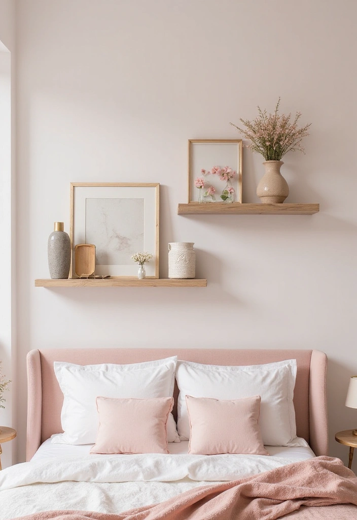 28 Blush Pink and Gold Bedroom Ideas That Look Chic and Feminine - 22. Blush Pink and Gold Wall Shelves