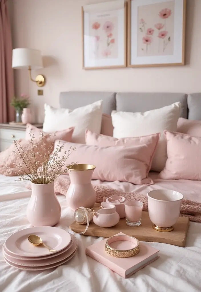 28 Blush Pink and Gold Bedroom Ideas That Look Chic and Feminine - 28. Blush Pink and Gold Themed Accessories