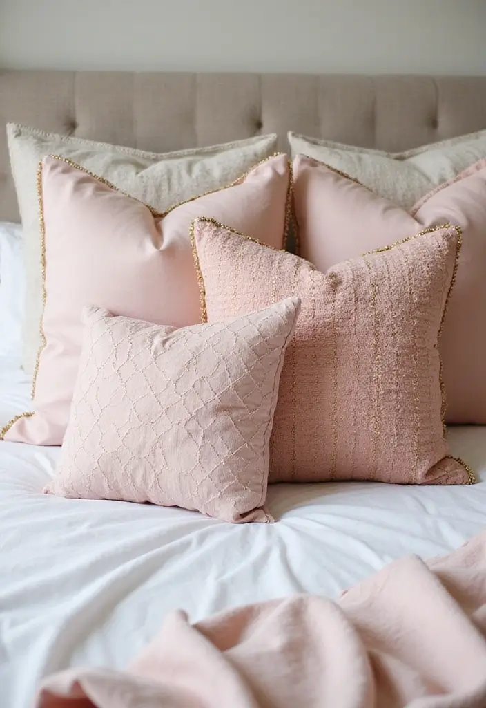 28 Blush Pink and Gold Bedroom Ideas That Look Chic and Feminine - 3. Blush Pink and Gold Throw Pillows
