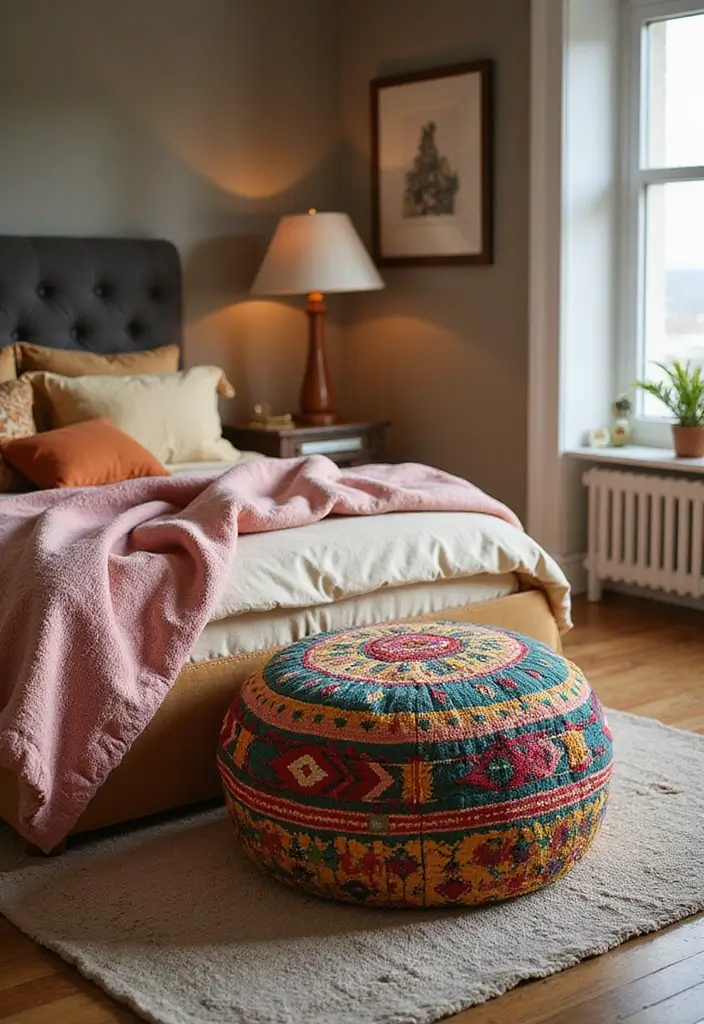 28 Chair Design for Bedroom Ideas That Add Comfort and Style - 10. Decorative Pouffe