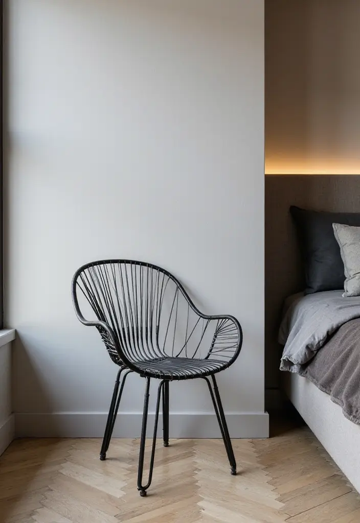 28 Chair Design for Bedroom Ideas That Add Comfort and Style - 25. Sleek Metal Chair