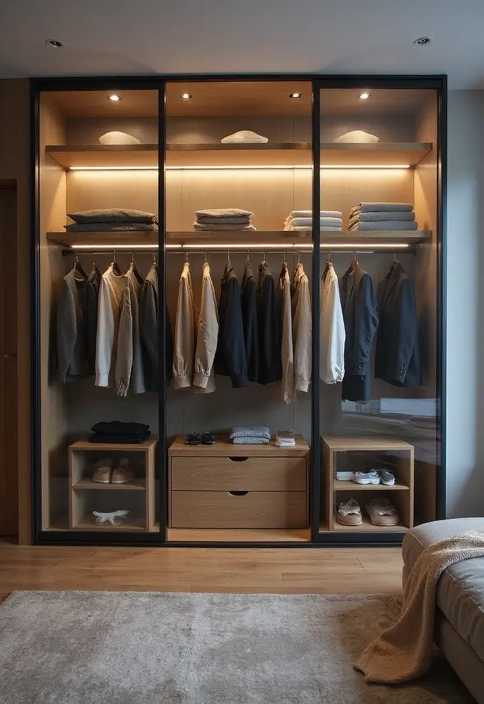 28 Glass Wardrobe Design Bedroom Ideas That Feel Clean and Modern - 10. Glass Wardrobes with Integrated Lighting