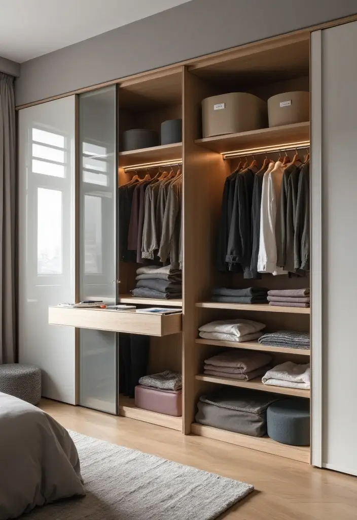 28 Glass Wardrobe Design Bedroom Ideas That Feel Clean and Modern - 11. Multi-Functional Glass Wardrobe