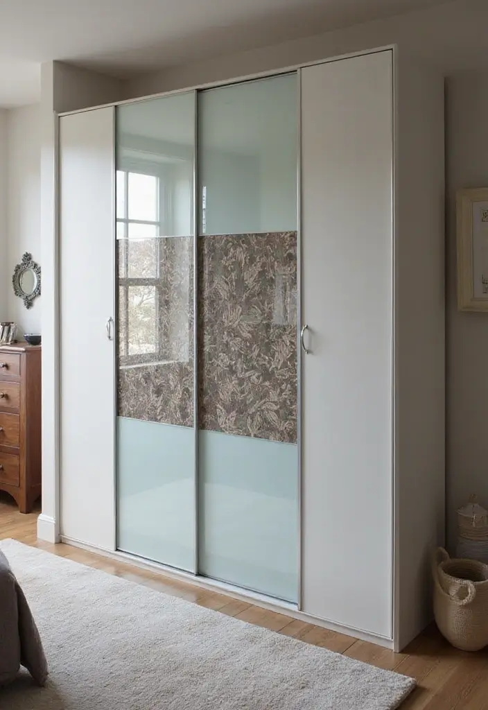 28 Glass Wardrobe Design Bedroom Ideas That Feel Clean and Modern - 12. Glass Wardrobe with Decorative Inserts