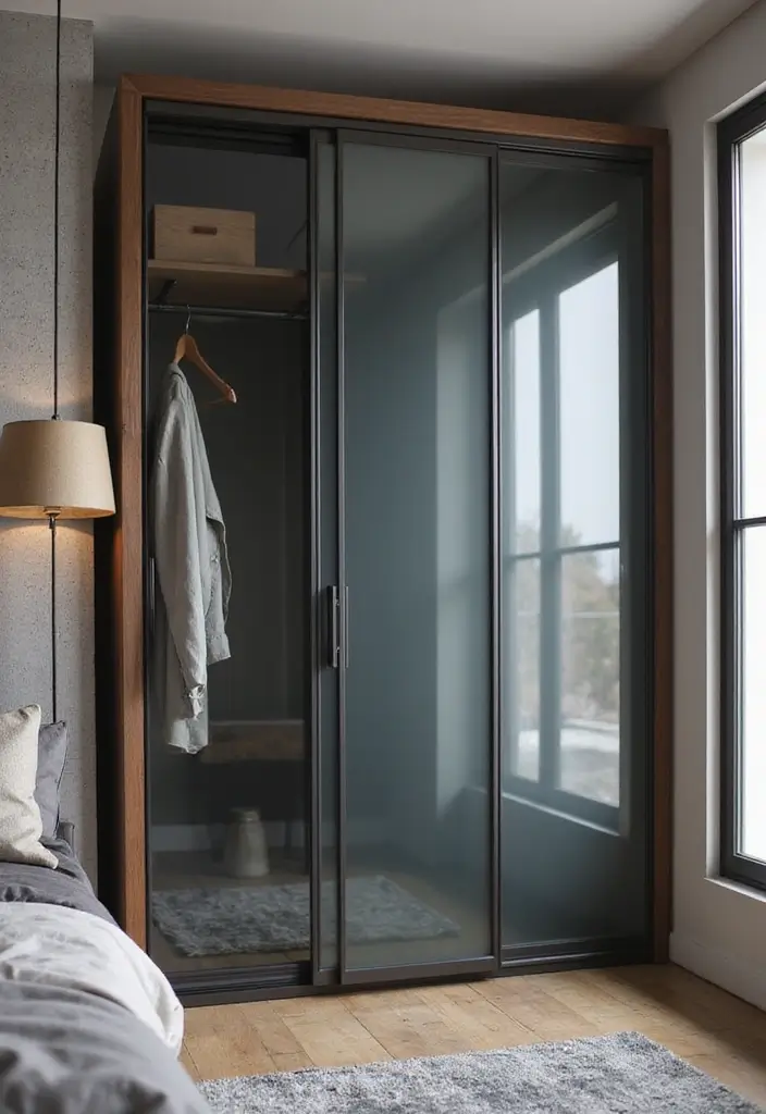 28 Glass Wardrobe Design Bedroom Ideas That Feel Clean and Modern - 15. Glass Wardrobe with Exposed Hardware