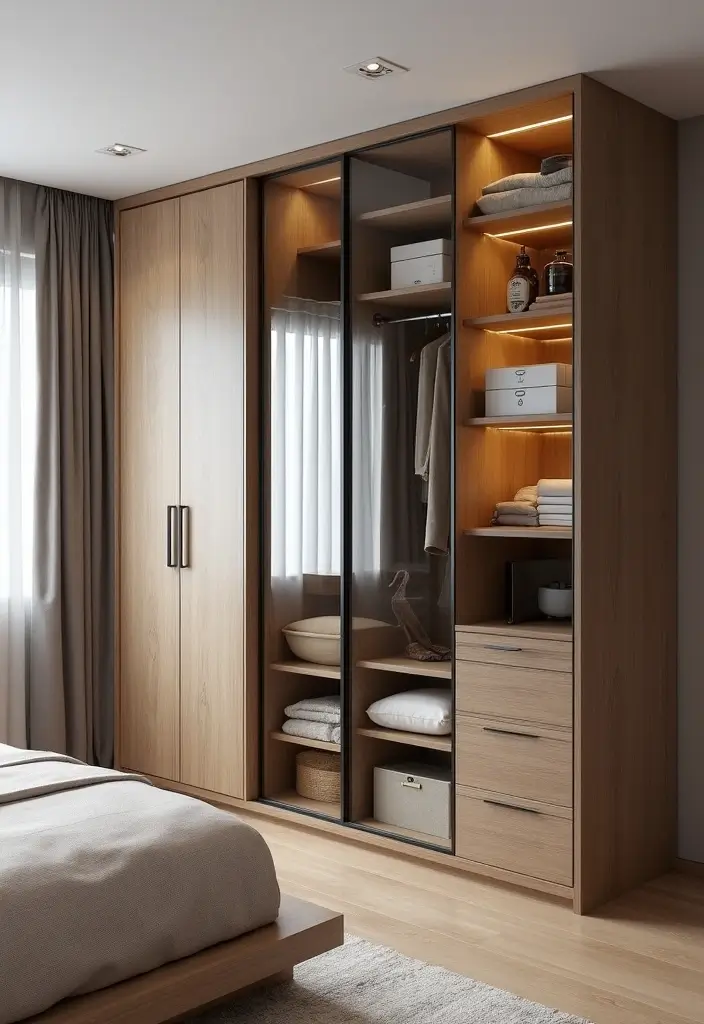 28 Glass Wardrobe Design Bedroom Ideas That Feel Clean and Modern - 16. Glass Wardrobe with Vertical Storage