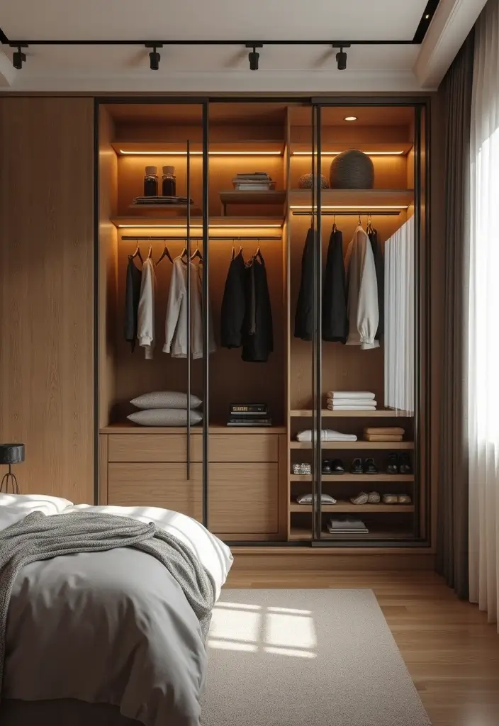 28 Glass Wardrobe Design Bedroom Ideas That Feel Clean and Modern - 19. Glass Wardrobe with Adjustable Lighting
