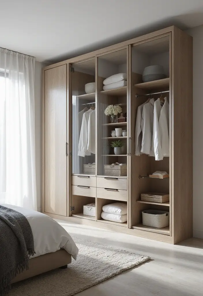 28 Glass Wardrobe Design Bedroom Ideas That Feel Clean and Modern - 21. Glass Wardrobe with Hidden Storage
