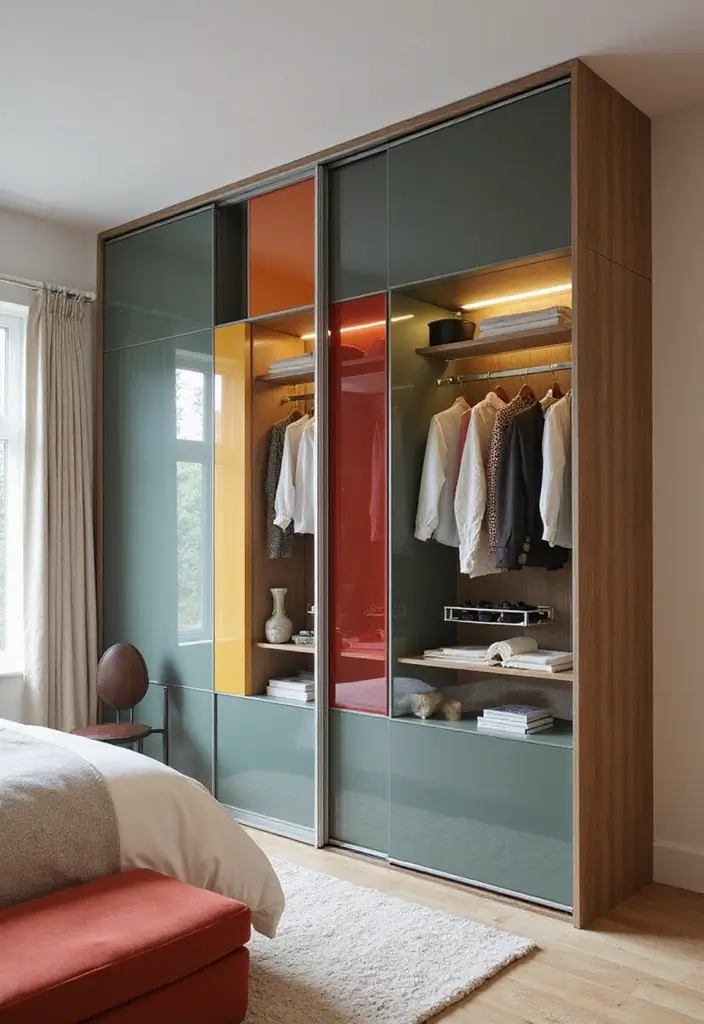 28 Glass Wardrobe Design Bedroom Ideas That Feel Clean and Modern - 25. Glass Wardrobe with Color Accents