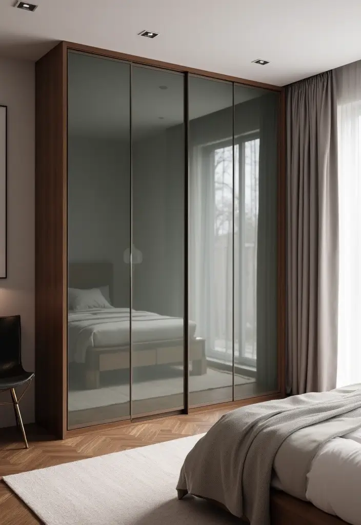28 Glass Wardrobe Design Bedroom Ideas That Feel Clean and Modern - 26. Glass Wardrobe with Vertical Paneling