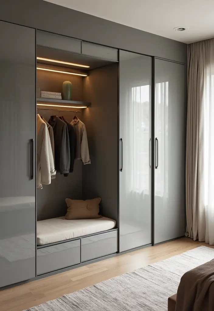 28 Glass Wardrobe Design Bedroom Ideas That Feel Clean and Modern - 28. Glass Wardrobe with Built-In Bench
