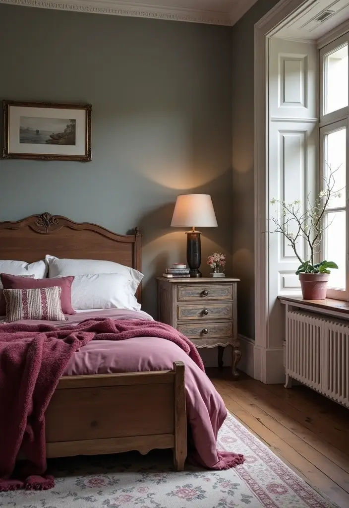 28 Grey and Burgundy Bedroom Ideas That Add Depth and Warmth - 12. Vintage Finds