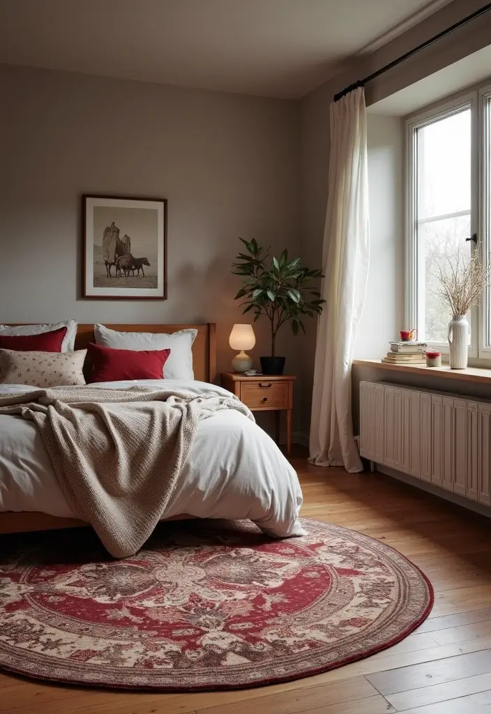 28 Grey and Burgundy Bedroom Ideas That Add Depth and Warmth - 14. Warm Wood Flooring