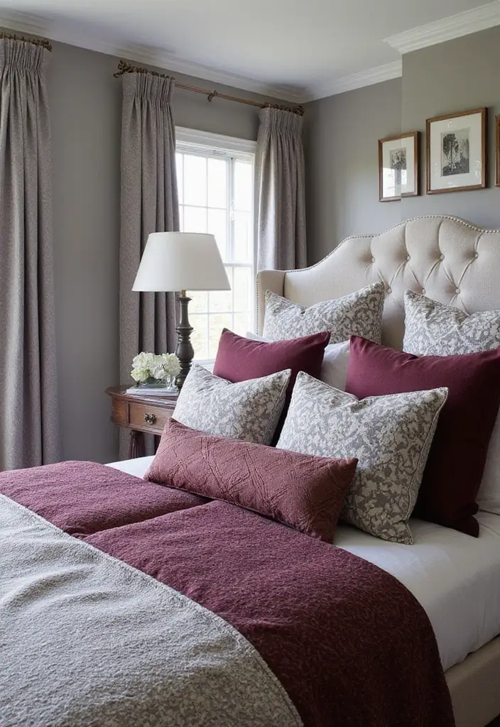 28 Grey and Burgundy Bedroom Ideas That Add Depth and Warmth - 17. Layering with Patterns