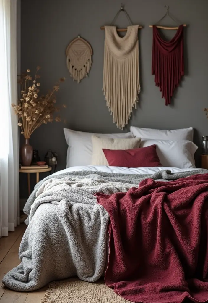 28 Grey and Burgundy Bedroom Ideas That Add Depth and Warmth - 18. Combining Textures