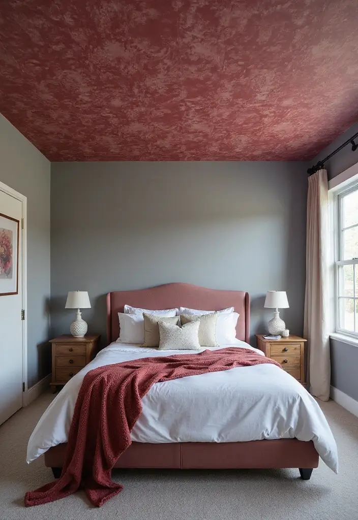 28 Grey and Burgundy Bedroom Ideas That Add Depth and Warmth - 19. Creative Ceiling Designs