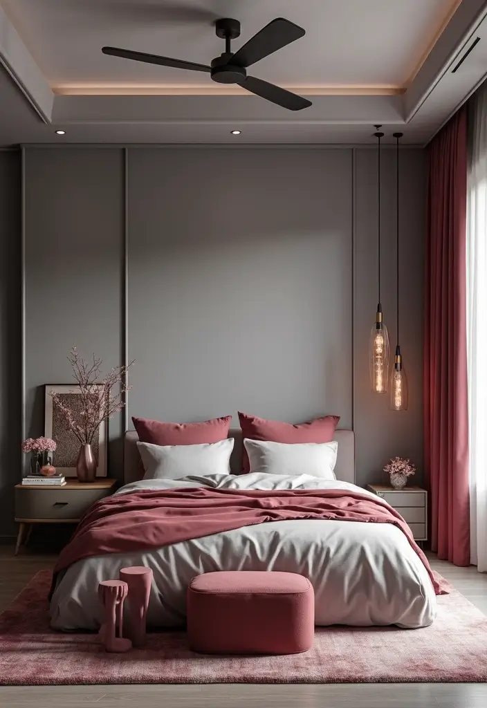 28 Grey and Burgundy Bedroom Ideas That Add Depth and Warmth - 20. Play with Scale