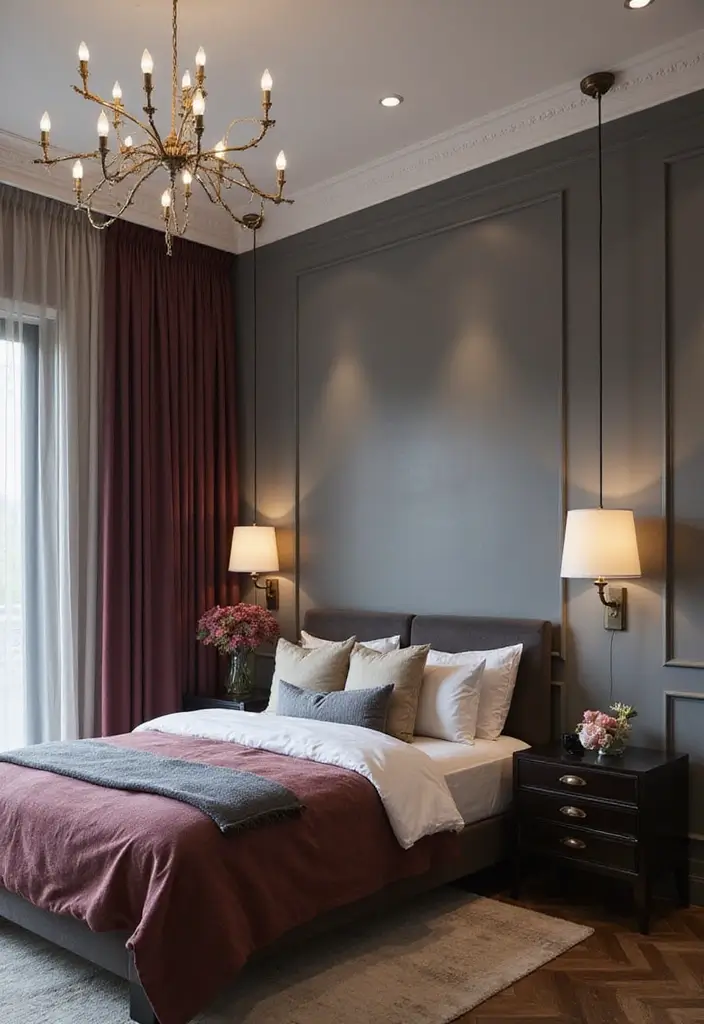 28 Grey and Burgundy Bedroom Ideas That Add Depth and Warmth - 23. Modern Lighting Designs