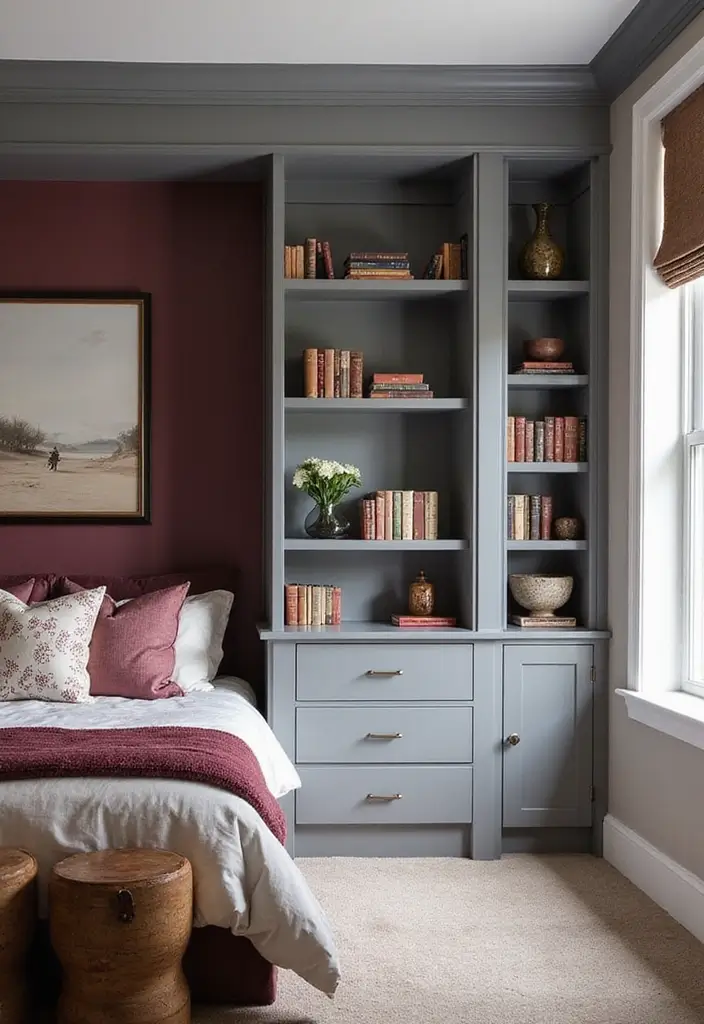 28 Grey and Burgundy Bedroom Ideas That Add Depth and Warmth - 24. Custom Built-ins