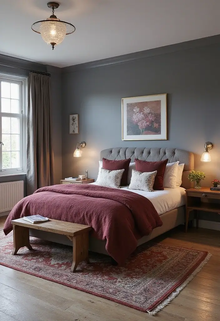 28 Grey and Burgundy Bedroom Ideas That Add Depth and Warmth - 28. Mix Modern and Vintage